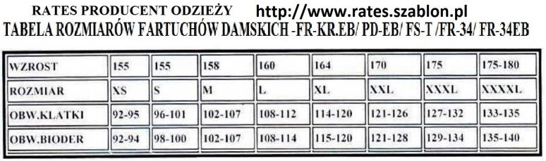 Tabela rozmiarów fartuchów damskich Tabela rozmiarów fartuchów damskich